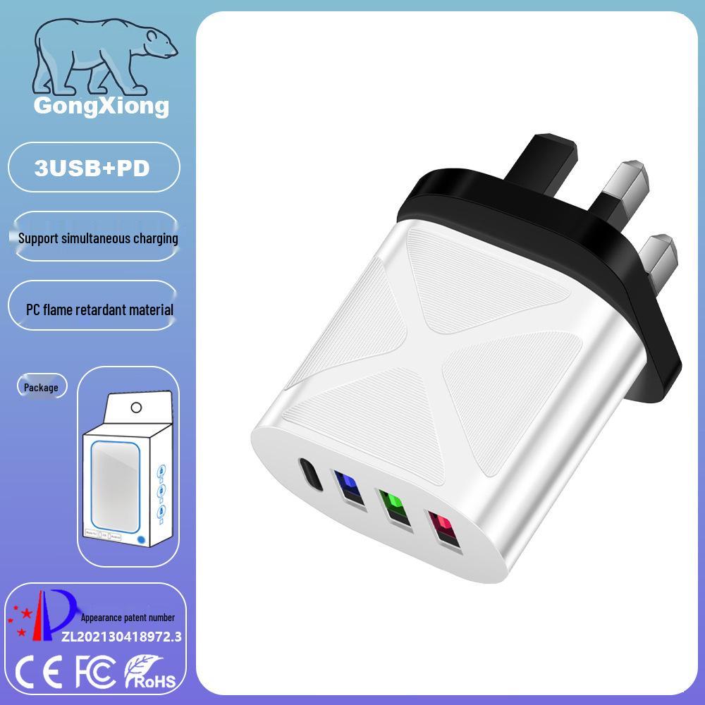 Многопортовое travel-зарядное устройство 5 В 2,4 А с 3 портами USB и Type-C для стандартов ЕС, США, Великобритании