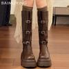 Массивные модные женские высокие сапоги, дизайнерские туфли с пряжкой на платформе и средним каблуком, высокие туфли до колена, тренд 2025 года, зимние новые туфли-лодочки для мотоциклистов