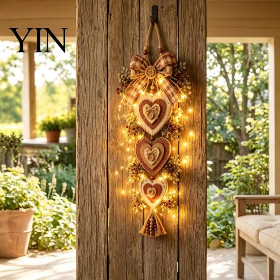 Pumpkin Decor with LED Lights Rustic Heart Shaped Wall Hanging Pendant Wooden Beads & Bow, Farmhouse Decorative Sign for Living Room Ornament