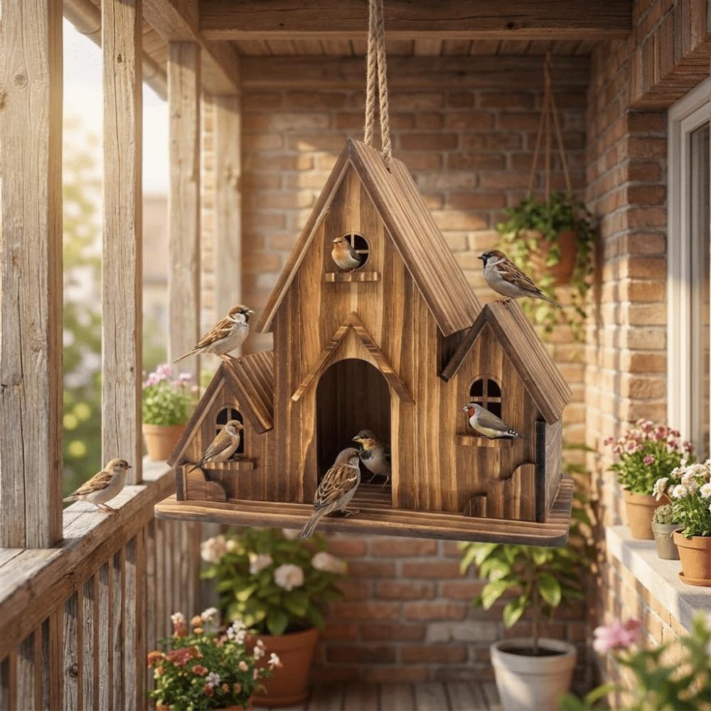 Ventilation Wooden Bird House Rainproof Bird Feeding Station Creative Bird Villa Wild Birds