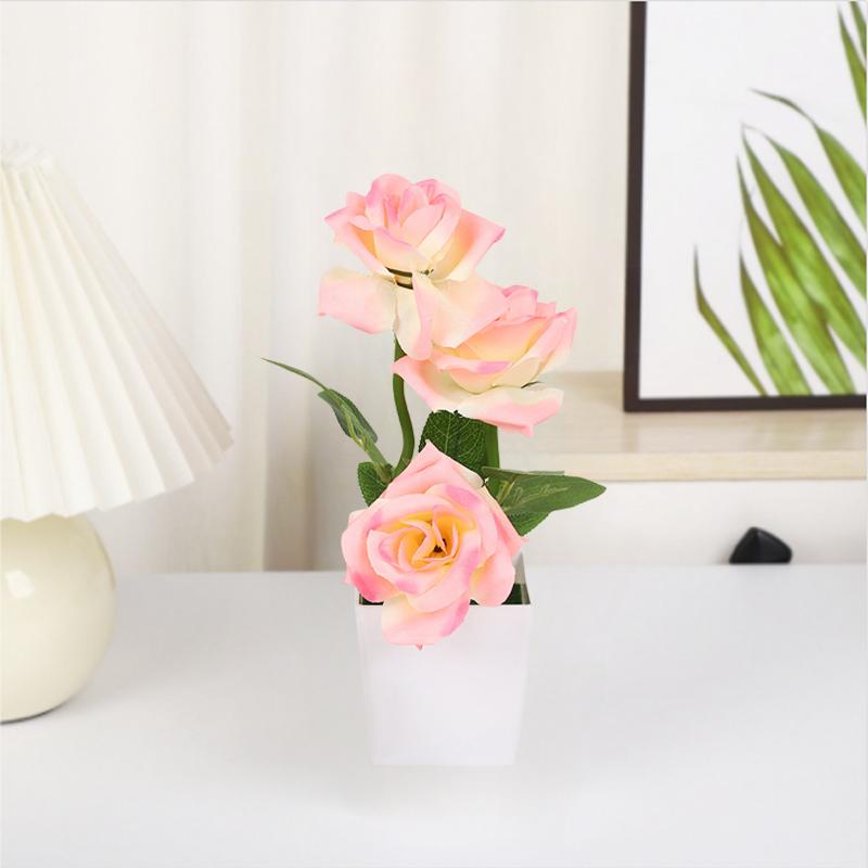 3 Head Artificial Rose Flower Bonsai Fake Plants Plastic Potted Plant Home Desktop Artificial Decor Living Room Ornament