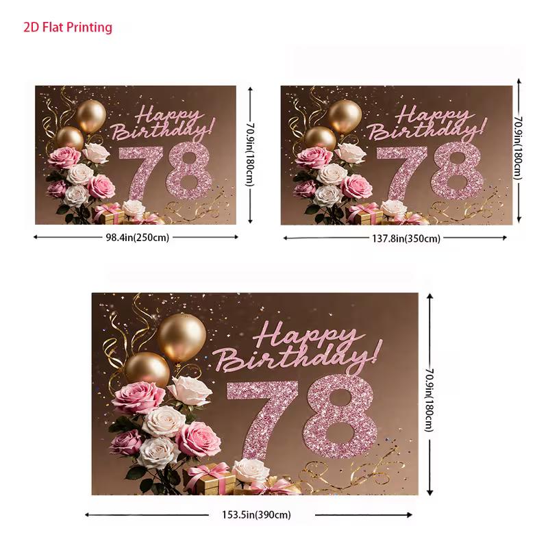 2D Flat Printing 78th Birthday Banner, Pink Glitter Gold Floral Photography Backdrop