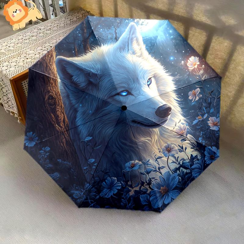 1 шт. Автоматический складной зонт - Волк в лунном узоре, Портативный и складной дизайн с 8 спицами, Рождественские и Новогодние подарки