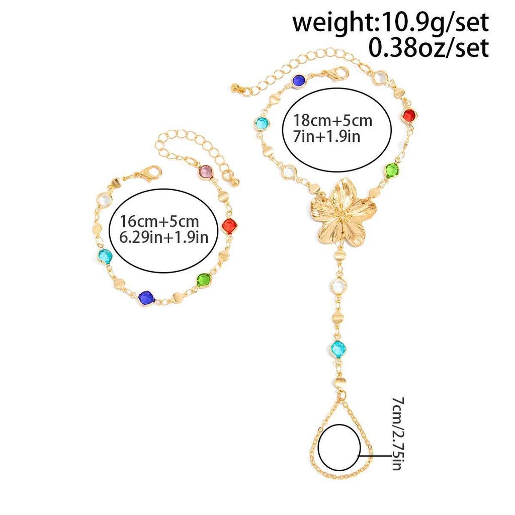 SHIXIN Trendy Colorful Crystal Long Y-Shaped Necklace Metal Flower Bracelet Collarbone Chain Summer Party Bohemian Jewelry Set