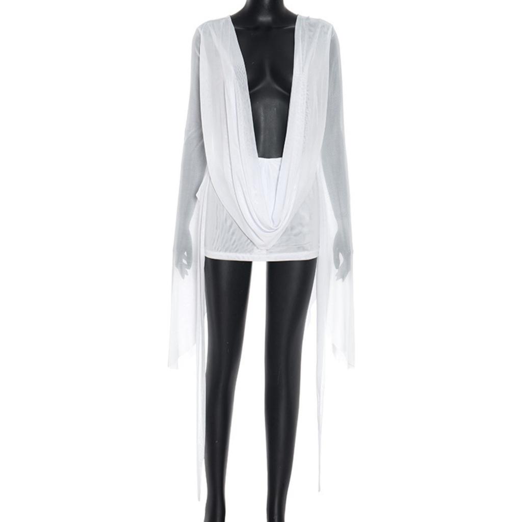 Новое женское сетчатое платье-трапеция с воротником-хомутом, открытой спиной и длинными рукавами, повседневное европейско-американское платье для вечеринки