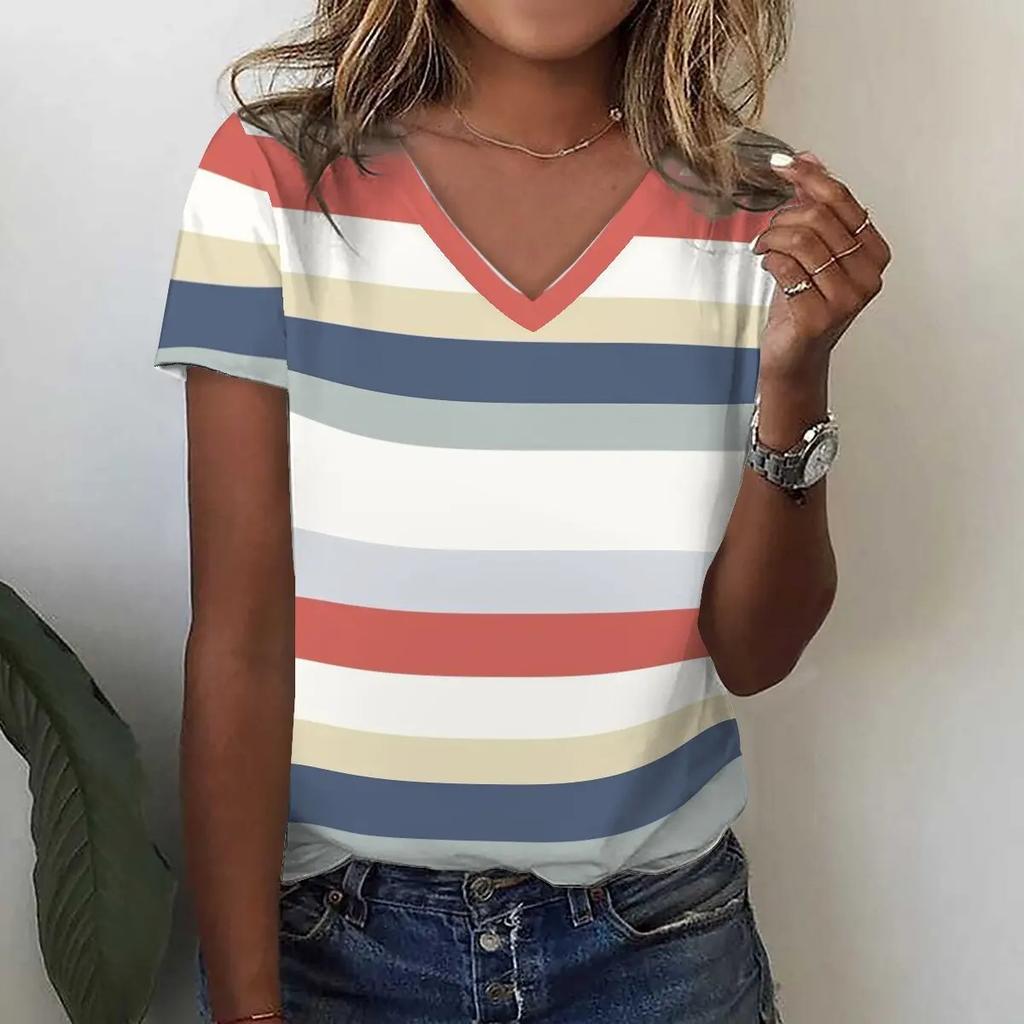 Summer Round Neck 3D Stripe Print T-shirts Fashionable Casual Short Sleeved Women's T-shirts