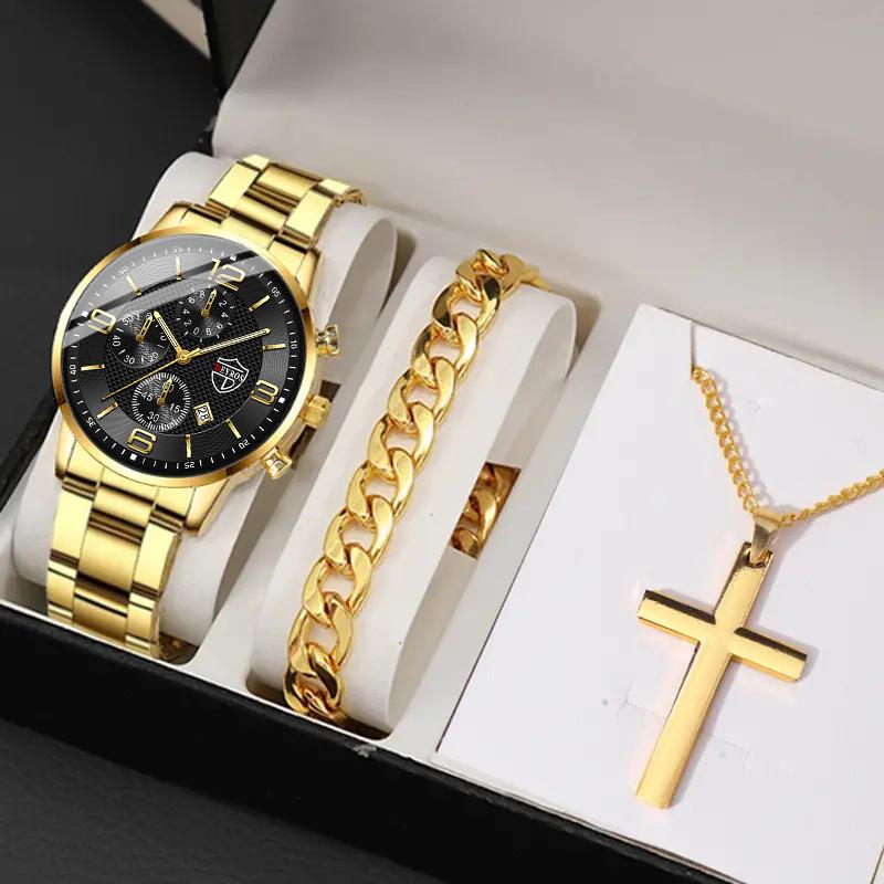 3pcs/set, Men's Calendar Fashion Business Stainless Steel Quartz Watch & Bracelet & Necklace Mens Gifts