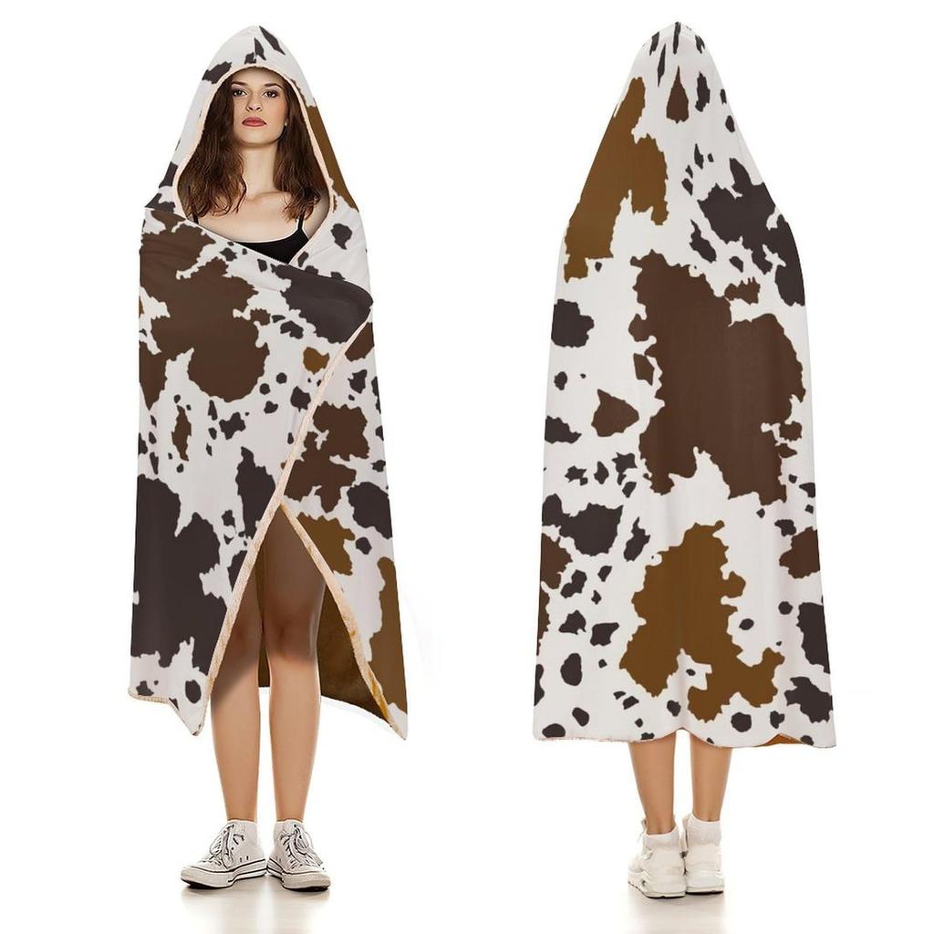 Cowhide Print Thermal Hooded Blanket Wearable Blanket Hooded Robe Cape Outdoor Home