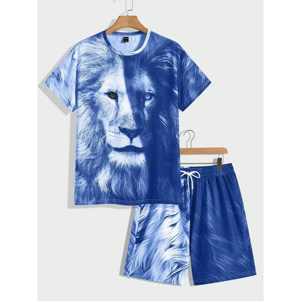 Fashion Lion King 3D Printed Men's Summer Animal Print Relaxed Fit Short Sleeve & Shorts 2-Piece Casual Sport Outfit Set