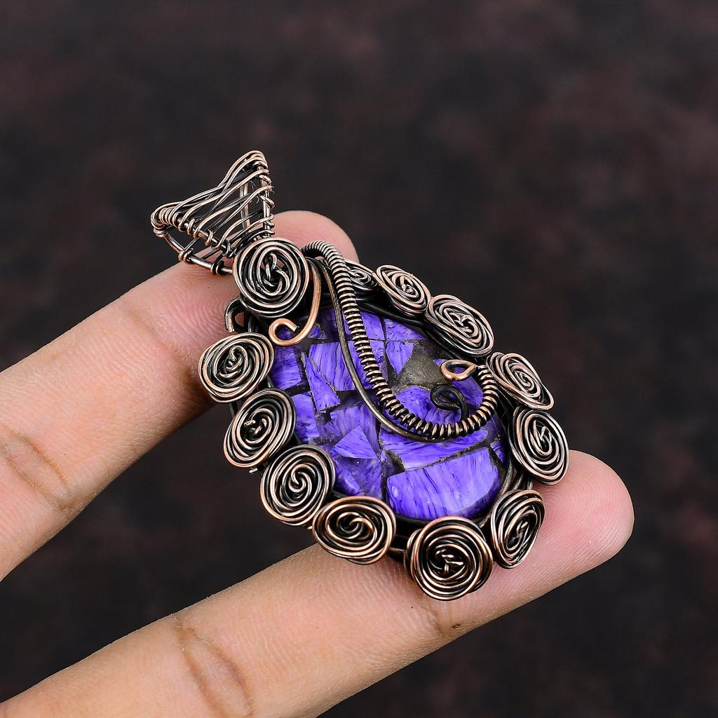 Медный кулон с чароитом, кулон из драгоценного камня, обернутый медной проволокой, медные украшения ручной работы, кулон уникального дизайна, украшения, обернутые проволокой, свадебный подарок