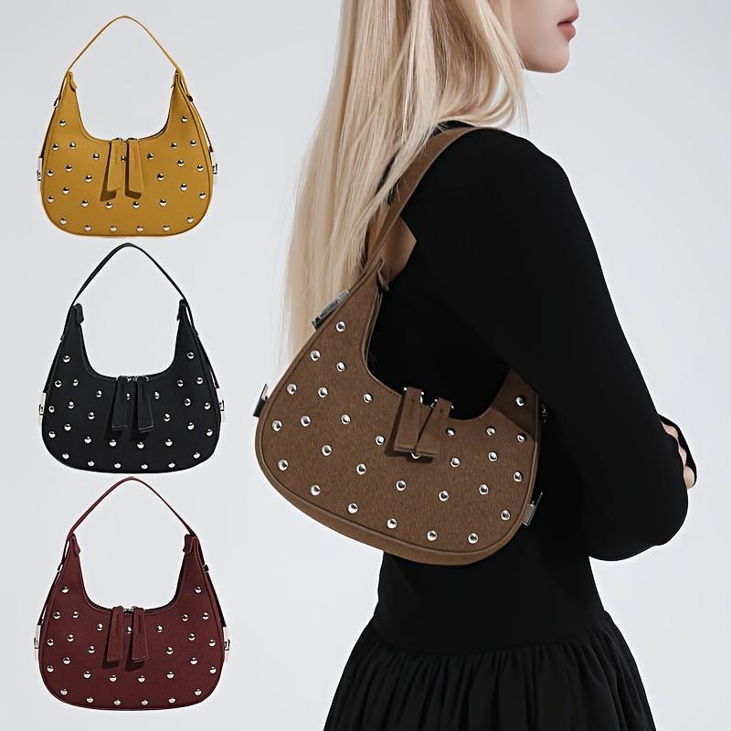 Women's studded handbag, compact and lightweight shoulder bag, fashionable retro shoulder bag, stylish and chic retro crossbody bag.