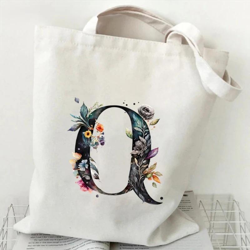 26 Letters Flower Tote Bag For Women Eco Reusable Shoulder Bagslarge Capacity Canvas Casual Harajuku Shopping Shopper Handbag
