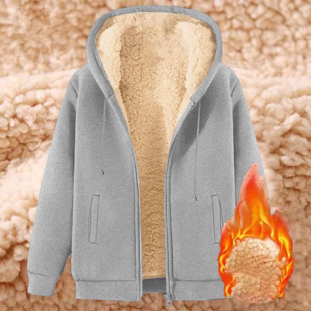 Women's Fashion Fleece-Lined Thermal Top Solid Color Hoodie Jacket With Pockets