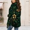 Women Plus Size Long Sleeve Open Front Black Floral Printed Draped Collar Curved Hem Cardigan