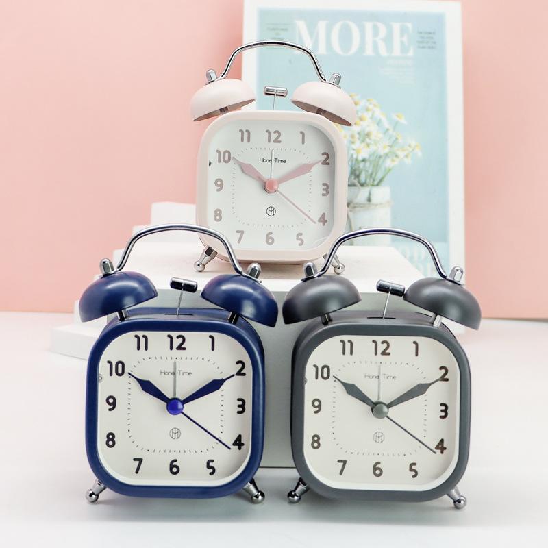 Студенческий 3-дюймовый квадратный металлический звонок-будильник для дома, прикроватный, с плавным ходом секундной стрелки и ночной подсветкой, кварцевые часы