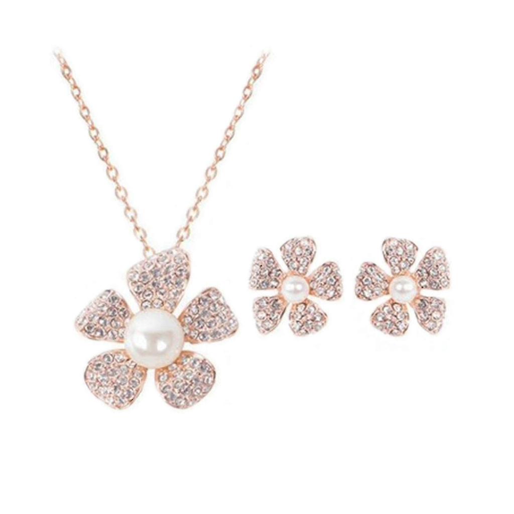 2025 New Design Flower Pearl Diamond Rose Gold Flower Ladies Jewelry Set