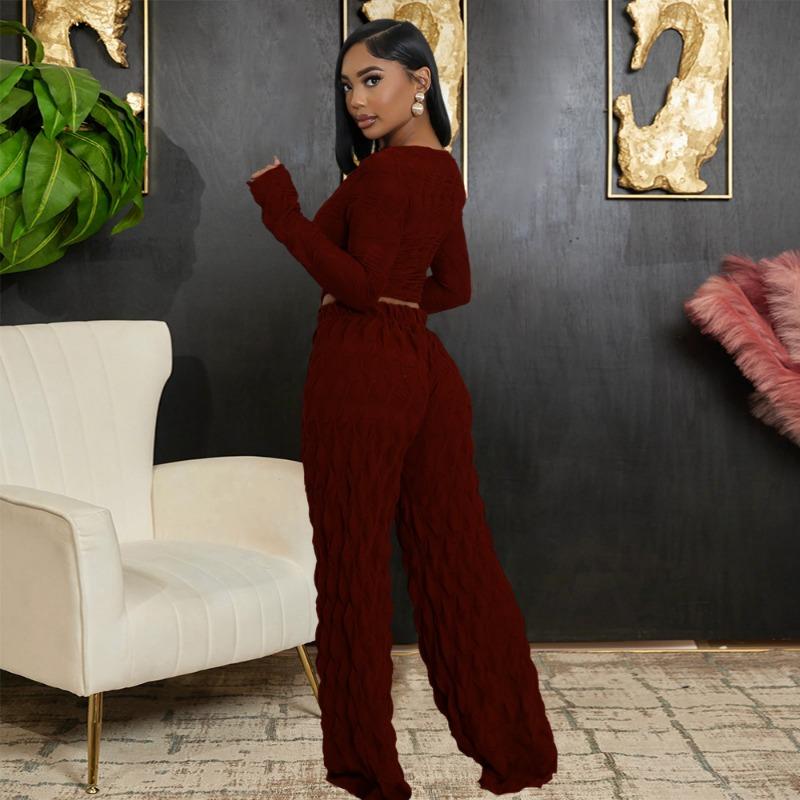 Женский новый комплект из двух предметов: короткий топ с однотонным воротником, длинными рукавами и модными узкими брюками