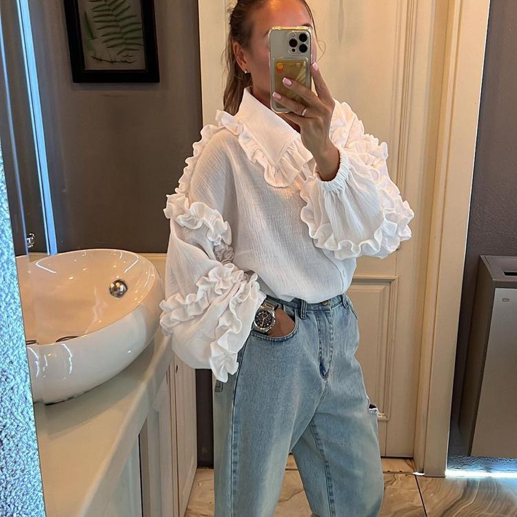 Хлопковая женская рубашка с рукавом-фонариком, женская рубашка, повседневная хлопковая белая блузка с кукольным воротником