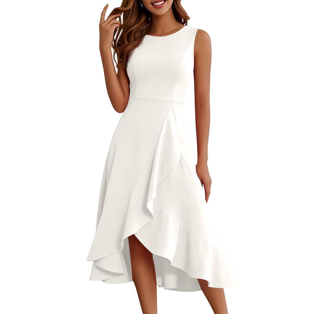 Женское модное повседневное платье без рукавов с круглым вырезом, однотонное, элегантное, темпераментное, с оборками, платья