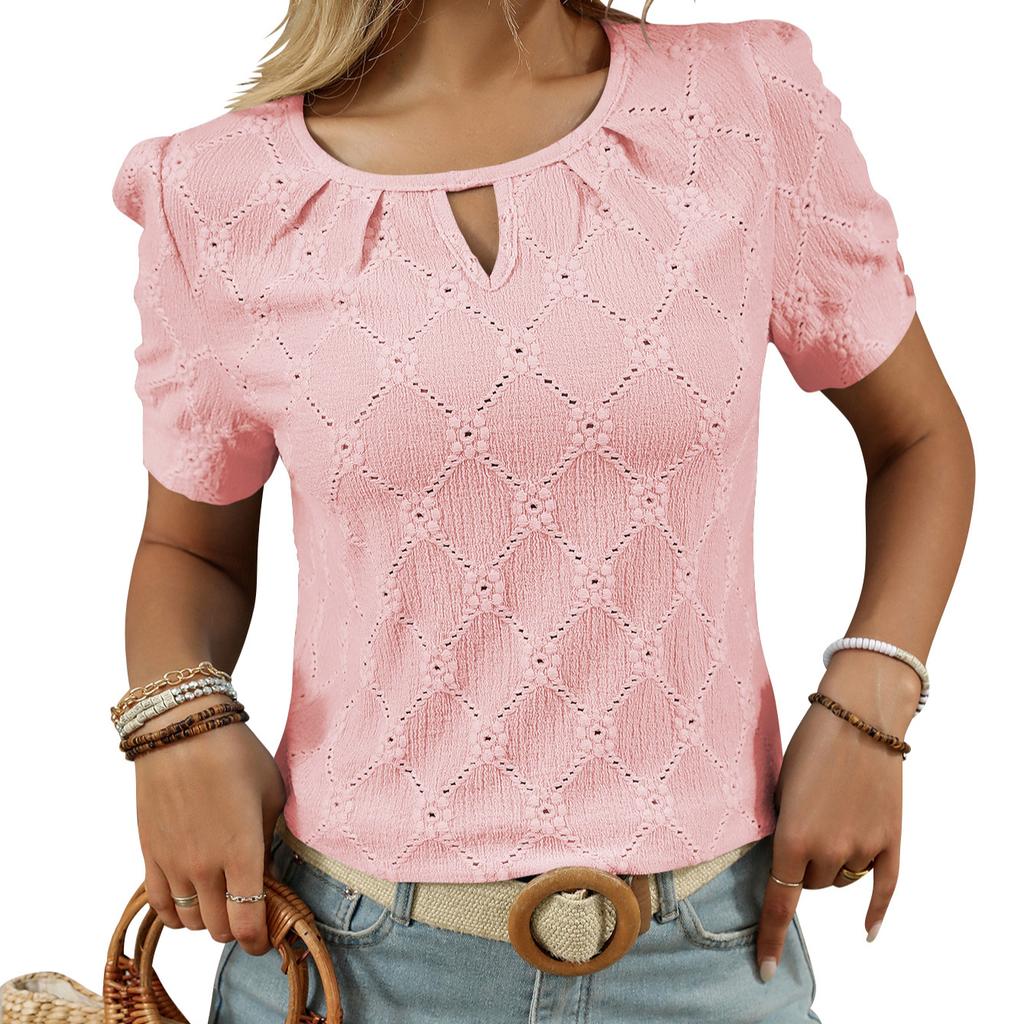 2025 Весна/Лето Новая однотонная футболка с круглым вырезом и коротким рукавом на пуговицах с открытыми плечами