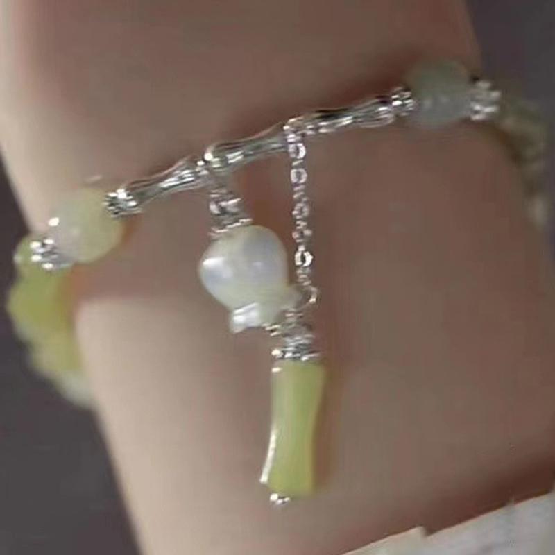 Китайский стиль ретро зеленый бамбуковый браслет с бусинами для женщин простой браслет из сплава с подвесками в виде цветка ювелирные изделия подарок