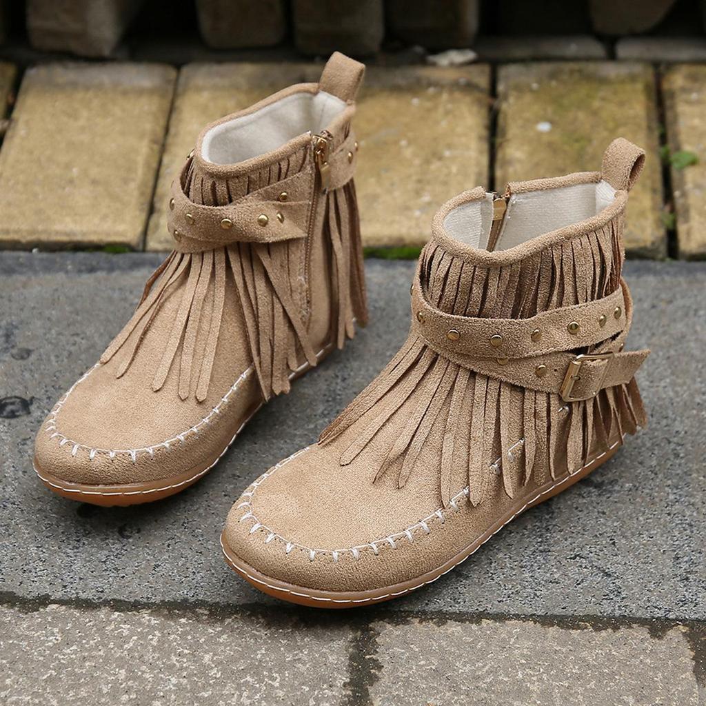 2024 Autumn/Winter Flat Fringe Ankle Boots with Buckle - European & American Style Retro Martin Knight Boots