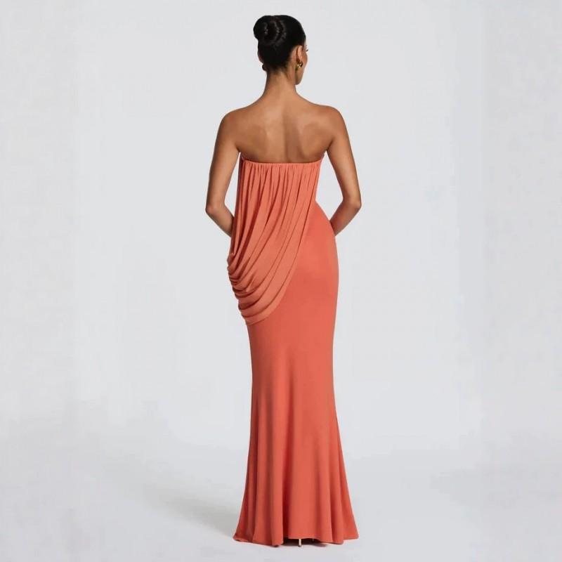Womens 2026 Fashion Dress Asymmetrical Strapless Mesh Pleated Gown Sexy Slim Fit Party Cocktail