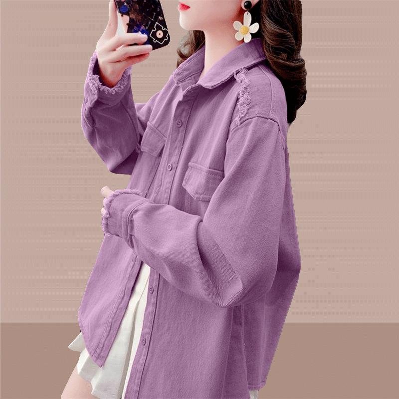 Ранняя весна Молодежная и элегантная многослойная куртка для женщин с воротником и карманом Простая однотонная джинсовая рубашка