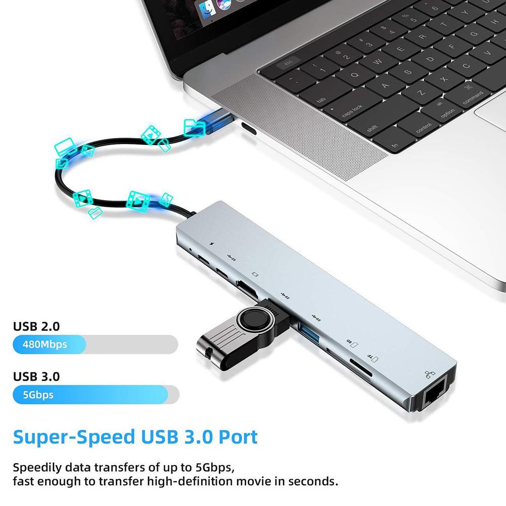 USB-C хаб 8 в 1, совместимый с HDMI, с быстрой зарядкой PD, Type-C на 4K, 100-мегабитный Ethernet-порт для Macbook, ноутбука, компьютера