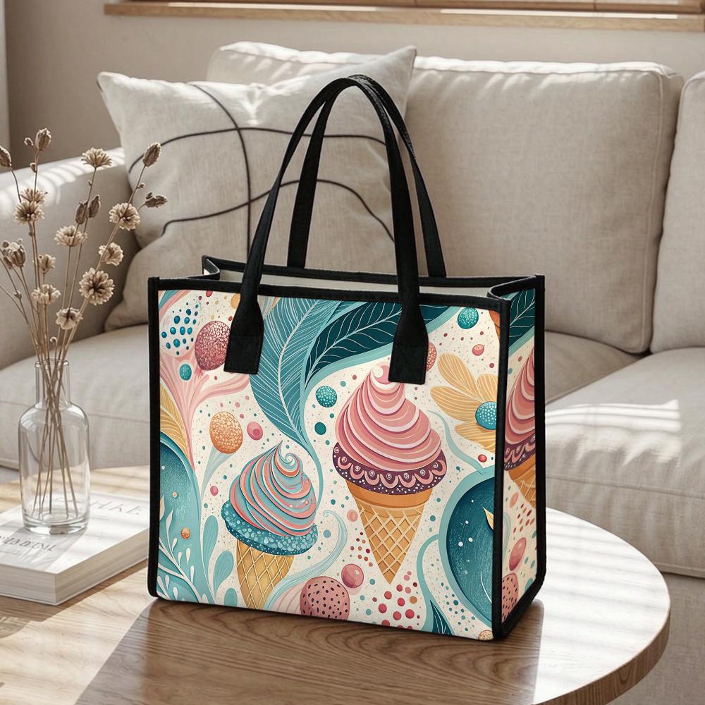 Cute Ice Cream Print Tote Bag Fashion Portable Casual Daily Shopping Carry Handbag