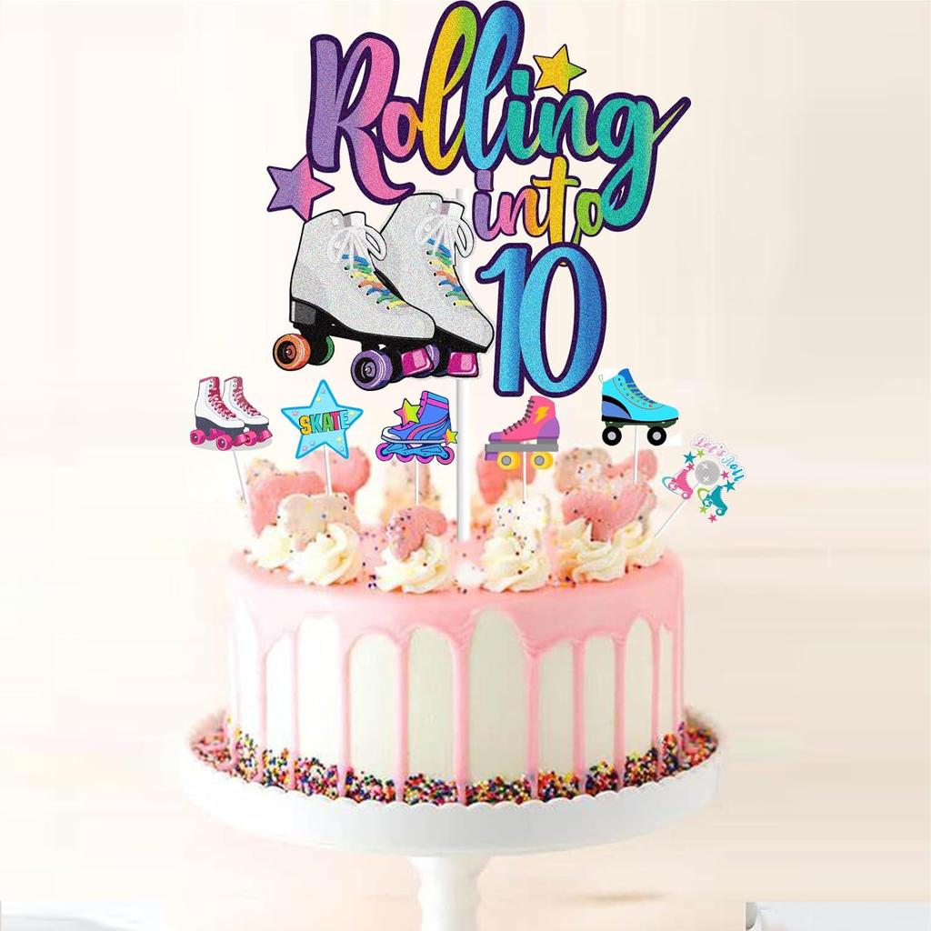 7Pcs Rolling into 10 Theme Cake Toppers Sets Roller Skate Happy 10th Birthday Themed Set Cake Decoration Girls Club Rolling 10 Years Old Supplies