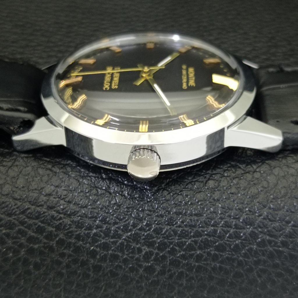 ШВЕЙЦАРСКИЕ ВИНТАЖНЫЕ МУЖСКИЕ ЧАСЫ MONTINE С РУЧНЫМ ПОДЗАВОДОМ ВОССТАНОВЛЕННЫЕ ЧЕРНЫЙ ЦИФЕРБЛАТ a441065-1