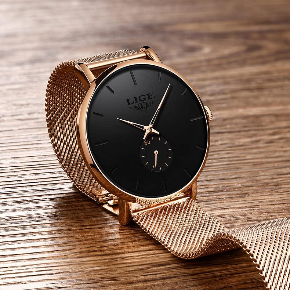 LIGE Часы мужские (Розовое золото/Простой)