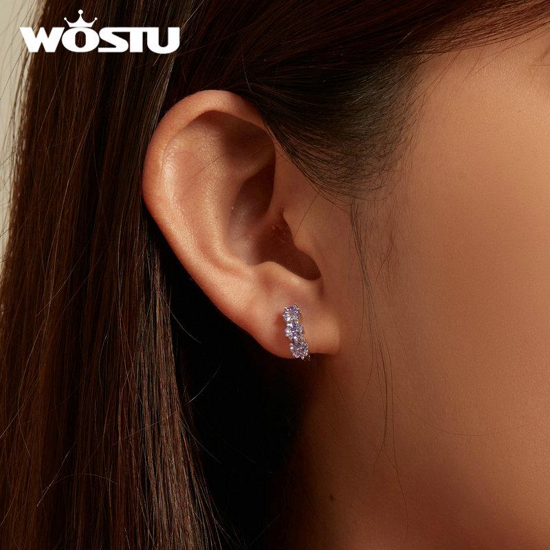 WOSTU 925 Sterling Silver Purple Zircon Stacked Star Ear Buckles Lavender Flower Hoop Earrings for Women Elegant Fine Jewelry