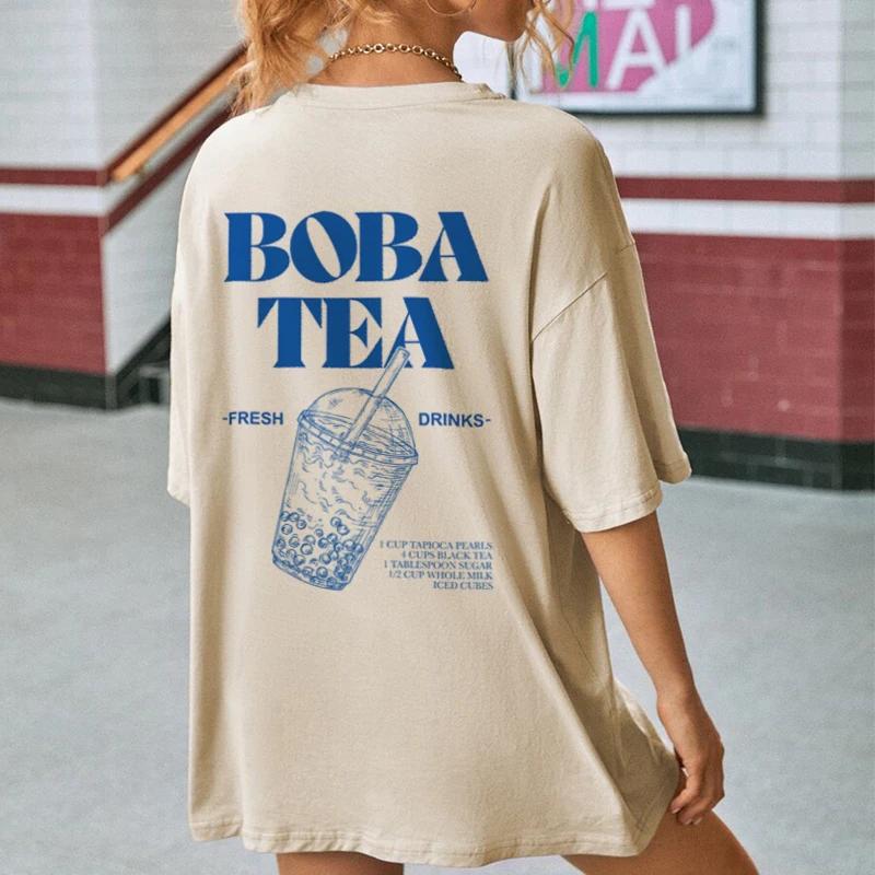 Unisex Retro Aesthetic Back Print Boba Tea TShirt Cute Bubble Tea Graphic Tees Foodie T Shirt Unisex Loose Vintage Fashion Tops