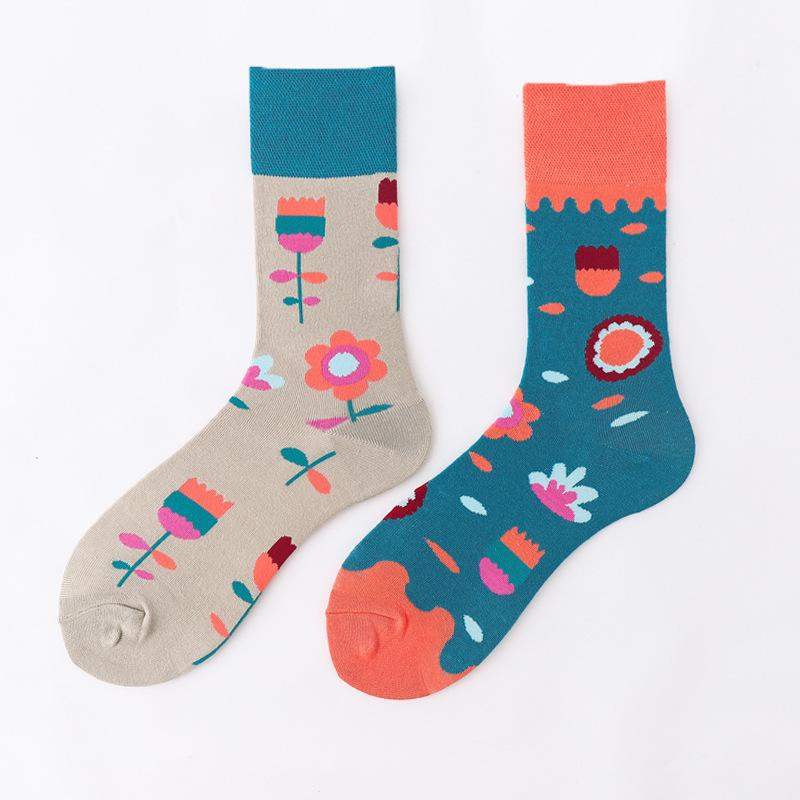 Personalized Cartoon AB Mismatched Socks Fashion Crew Couple Cotton Socks Women's Fancy Flower Fruit Tiger Print Funny Socks