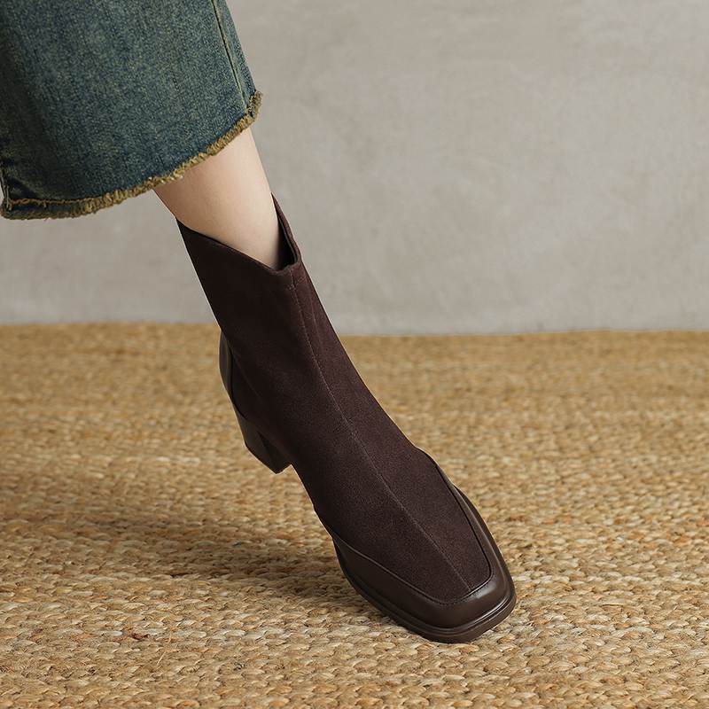 Krazing Pot Cow Suede Nubuck Autumn Winter Shoes Thick Heels Size 42 Square Toe Zipper Vintage Ankle Boots