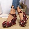 Women's Super High Heel Shoes Wedge Round Head Retro Platform Heels Rose Red Rubber Sole Skull Outdoor Leisure Women Shoes 2024