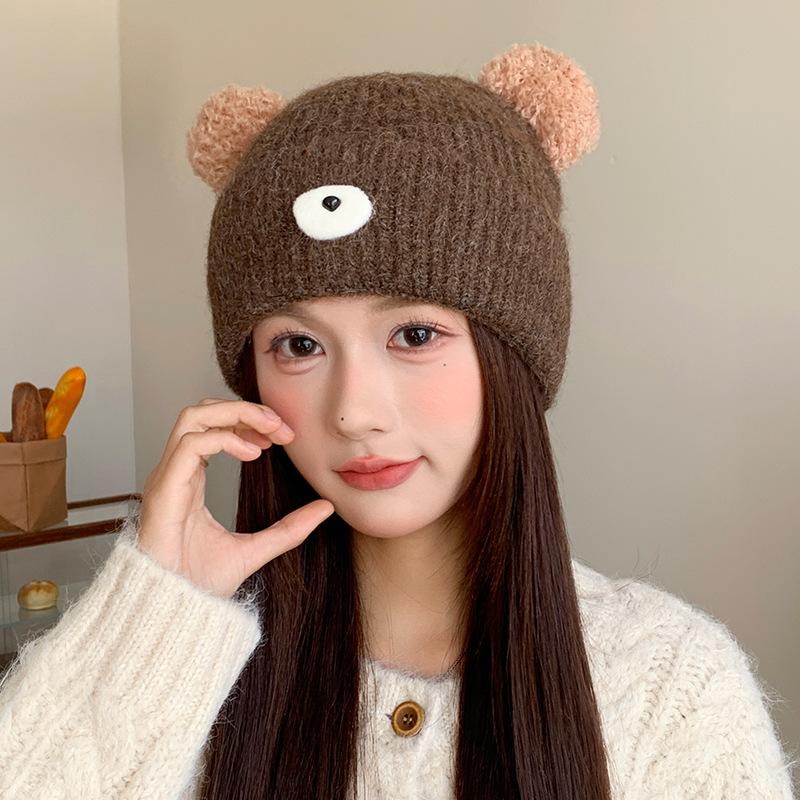Cute Cartoon Bear Wool Knitted Hat for Female Students, Seasonal Cold Hat, Big Head Circumference, Warm Ear Protector