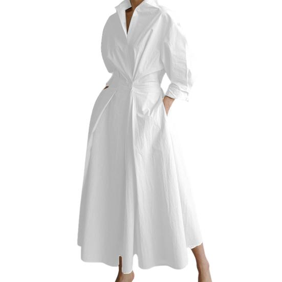 МОДА Женское весенне-осеннее платье с отворотом, V-образным вырезом, подходящим по цвету, обтягивающее, с высокой талией, длиной до середины икры, А-силуэта, со свободным подолом, с принтом, для дам, для поездок на работу и вечеринок, миди-платье