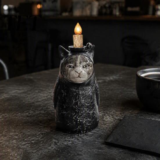 Spooky Table Centerpiece Hooded Black Cat Resin Figurine, Gothic Statue with Candle Holder, Mysterious Unique Holiday Presents Decor Ornament