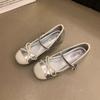Fairy Style Silver Bow Mary Jane Shoes Women's 2024 Summer New French Flat Bottom Inner Height Increase Single Shoes Women's Shoes
