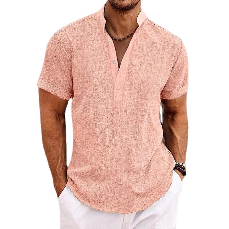 Men's Linen Shirts Short Sleeve Button Up Neck Stand Collar Casual Summer Home Daily Shirts