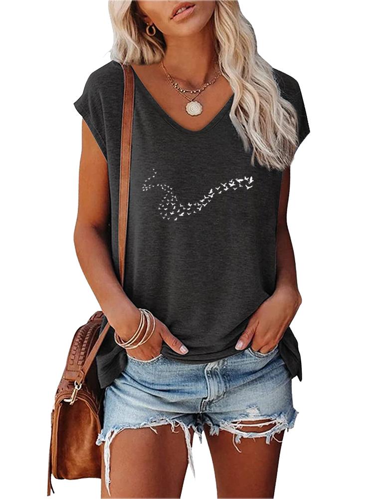 Women Fashion T-shirt Summer V Collar Print Short Sleeve Top Ladies Casual Tee Shirt