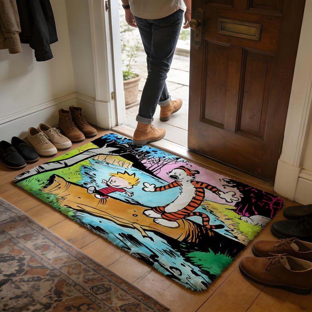 CCalvin And HHobbes Anime Cartoon Floor Mat Soft Flannel Absorbent Mat Non-Slip Rug Home Bedroom Bathroom