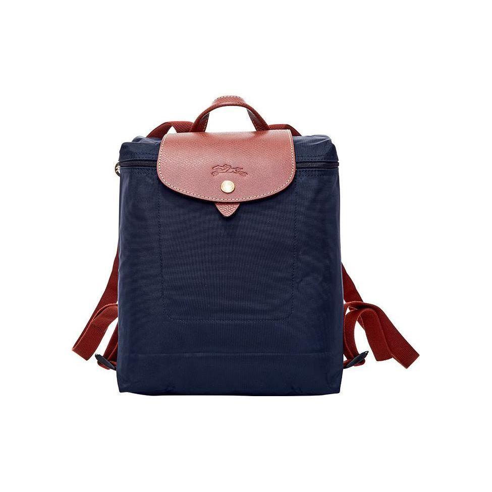 Longchamp Le Pliage 26 Snap Button Zipper Closure Canvas And Leather Trim Backpack Women backpack Navy-Blue 1699089P68
