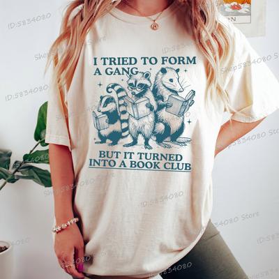 Comfort Funny Reading Shirt Into A Book Club Bookworm Short Sleeve Tshirt Book Lover Raccoon Opossum Retro Vintage T Shirts