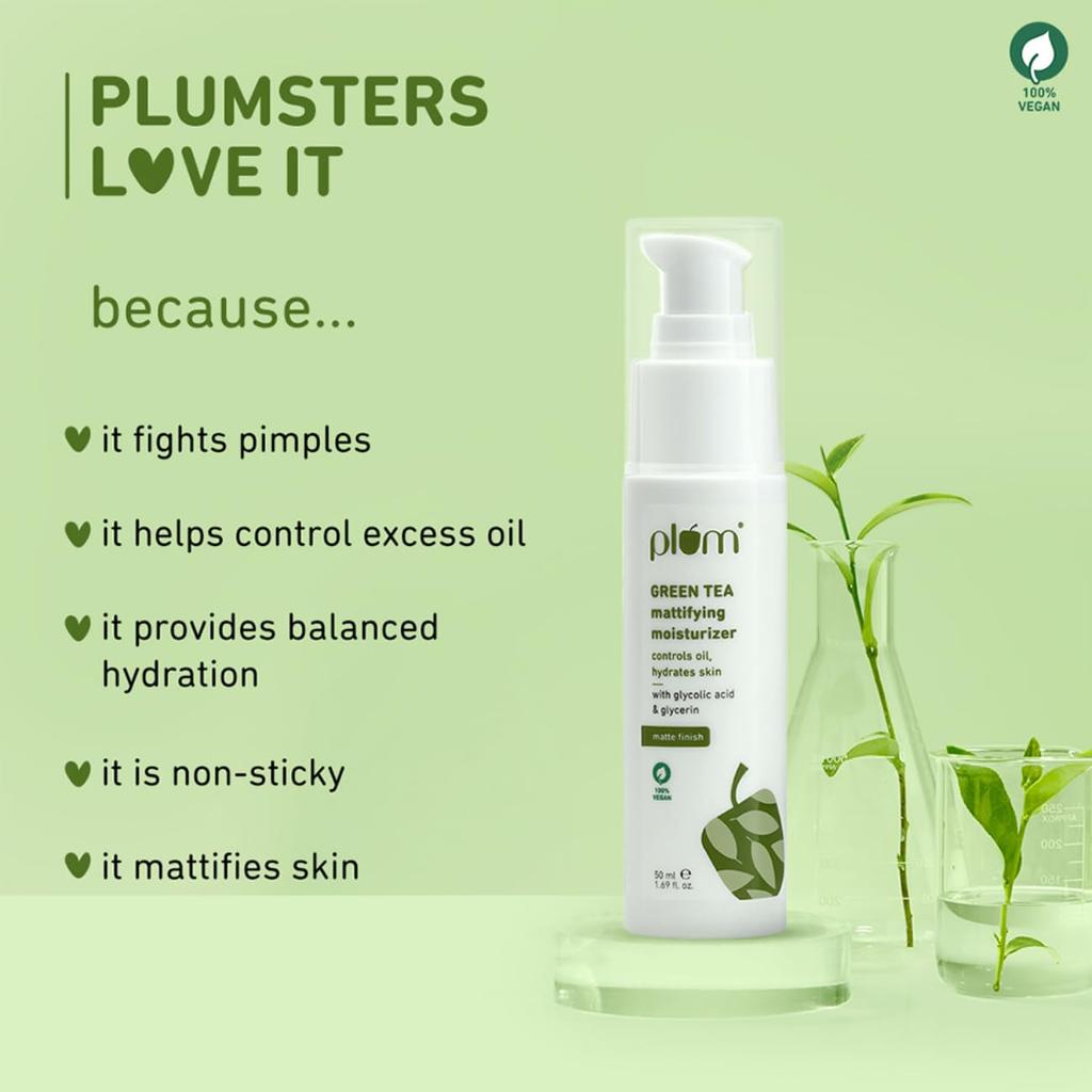 Plum Green Tea Mattifying Face Moisturizer 50ml for Oily Skin | Controls Oil Hydration Non-Sticky Daily Moisturizer