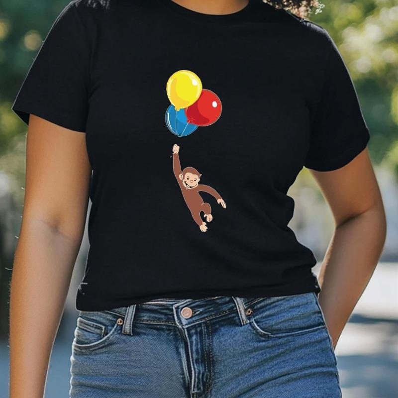 Casual Fashion Top for Plus Size Black Women Featuring a Fun Monkey And Balloon Graphic - Round Neck,