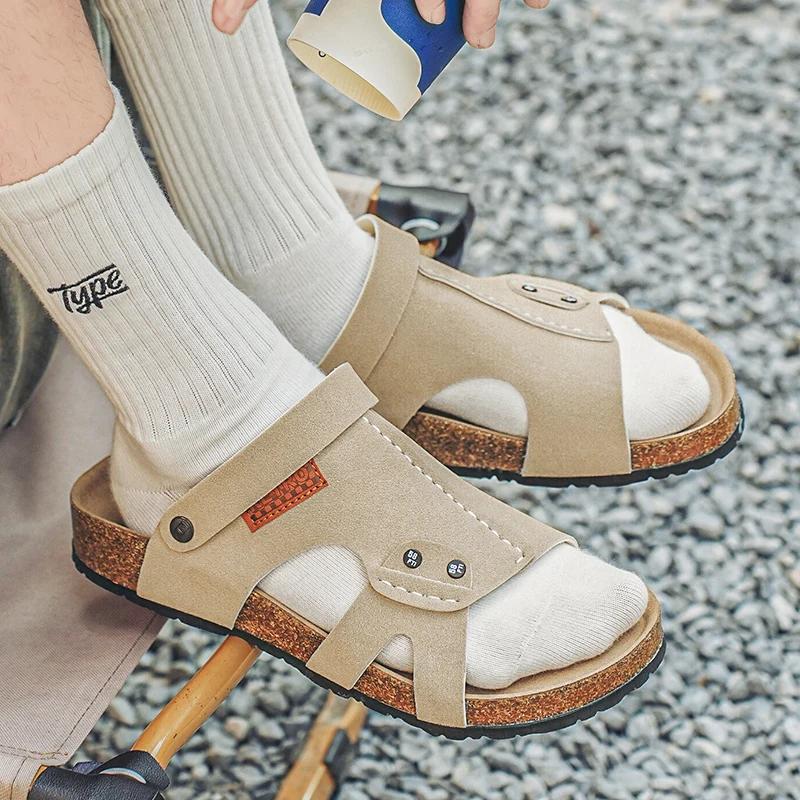 Мужские удобные повседневные сандалии для спальни, летние шлепанцы на плоской подошве, пробковые тапочки для мужчин, домашние шлепанцы с поддержкой свода стопы, zapatos